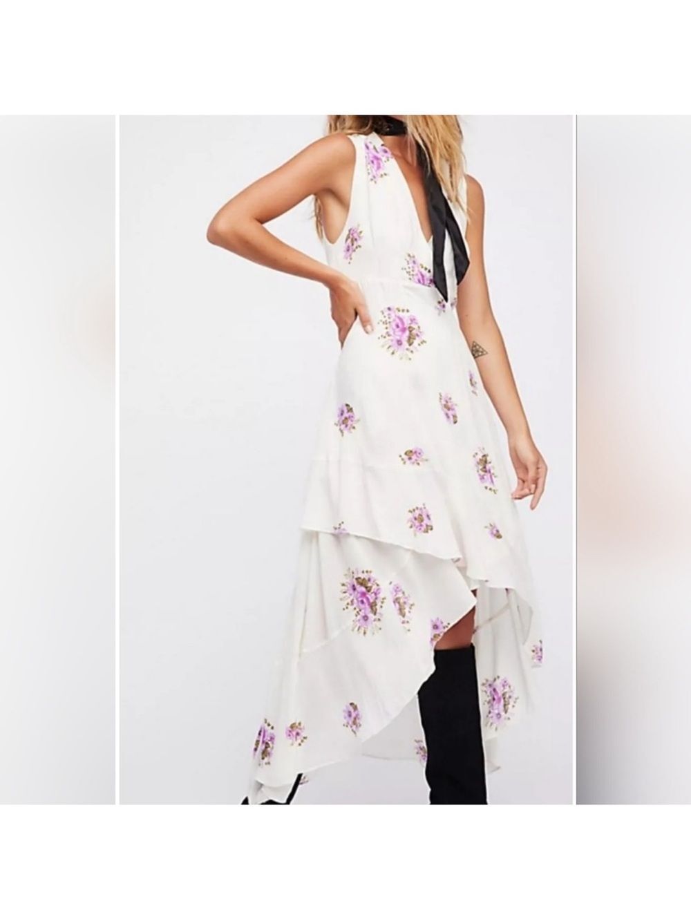 free people 12 Birdie Ivory Lavender Green Floral Sleeveless High Low Dress